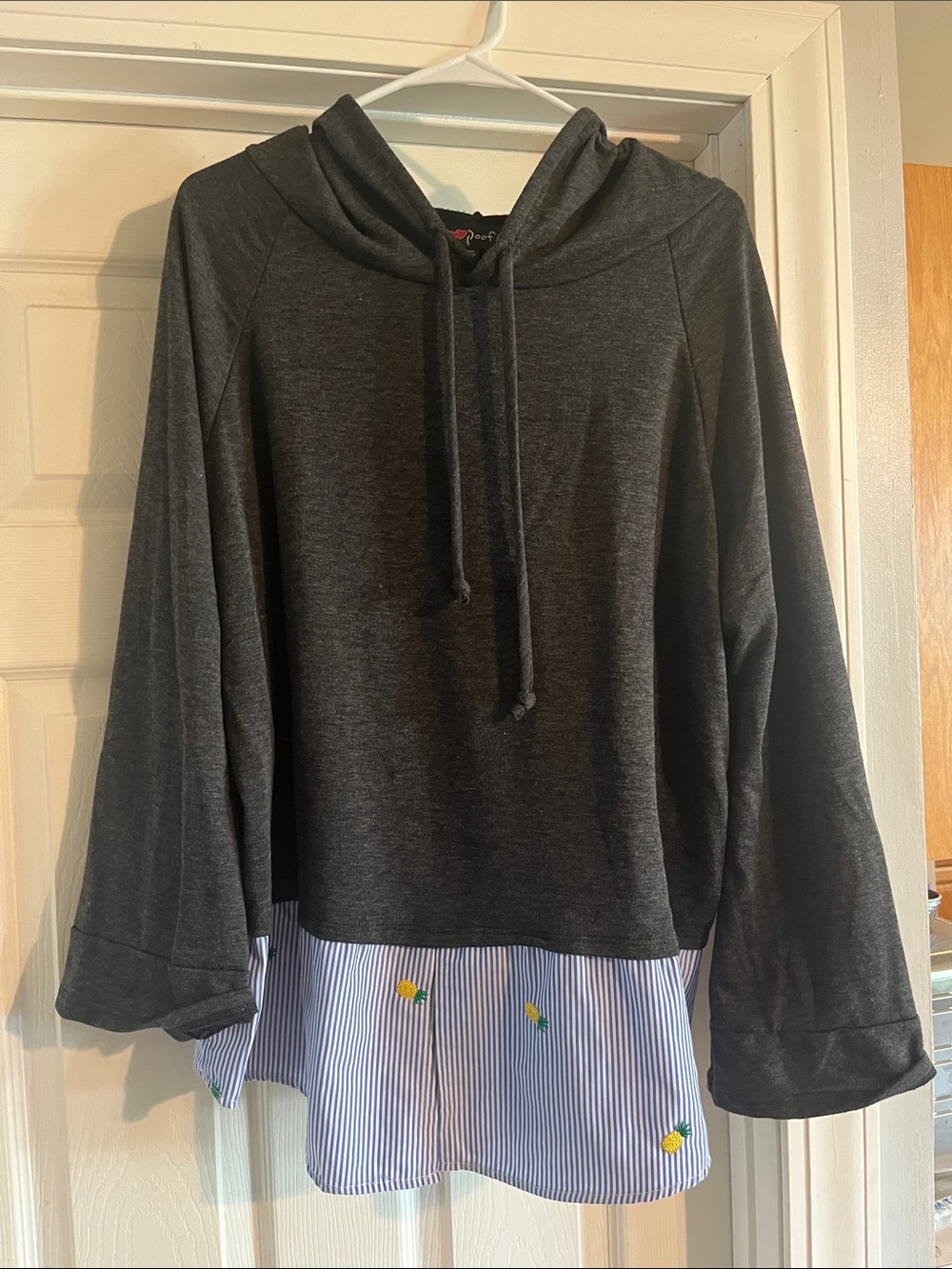 Poof! Charcoal Hoodie Sweater with Striped Blue Hem and Pineapple Embroidery